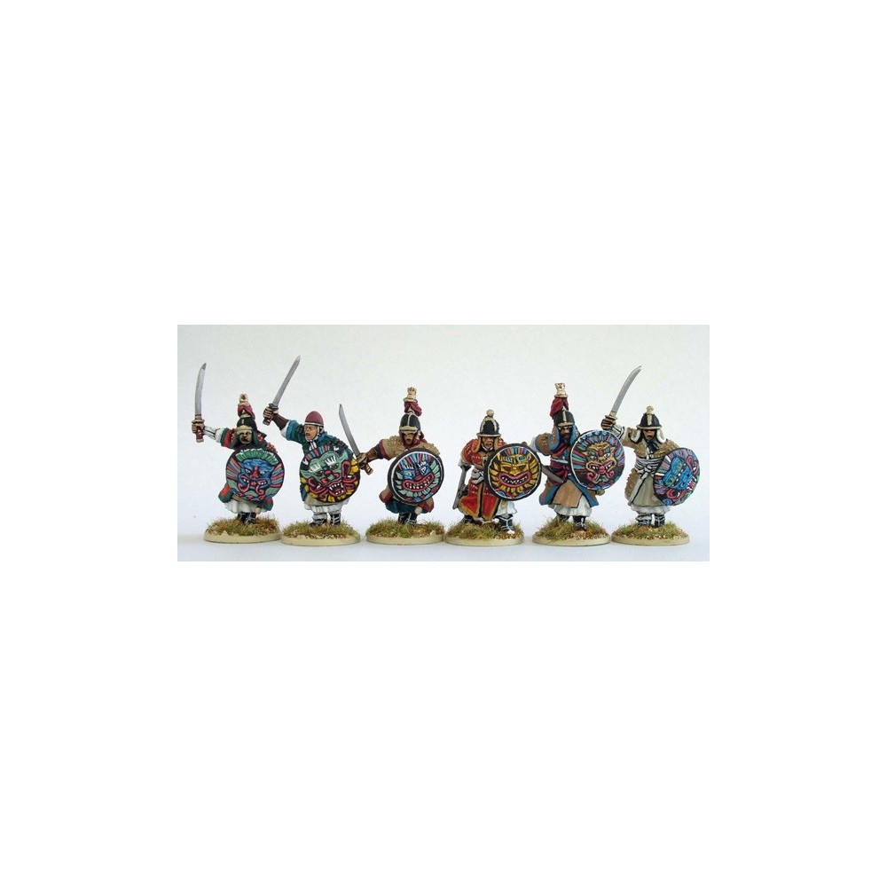 Heavy infantry advancing/charging with swords and round shields