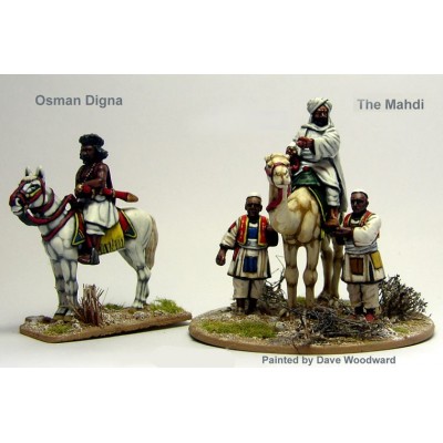 The Mahdi Moun.on a camel attended by two followers plus Osman Digna Moun.on a horse