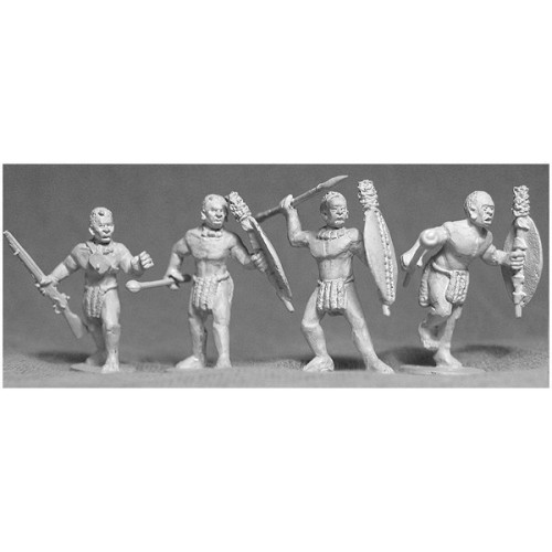 4 Unmarried Zulu warriors with an assortment of weapons and shields.