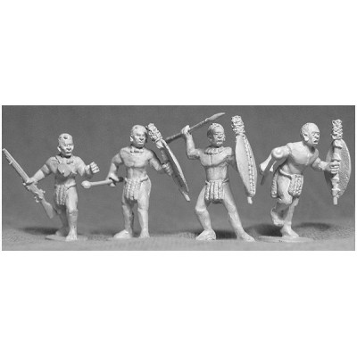 4 Unmarried Zulu warriors with an assortment of weapons and shields.