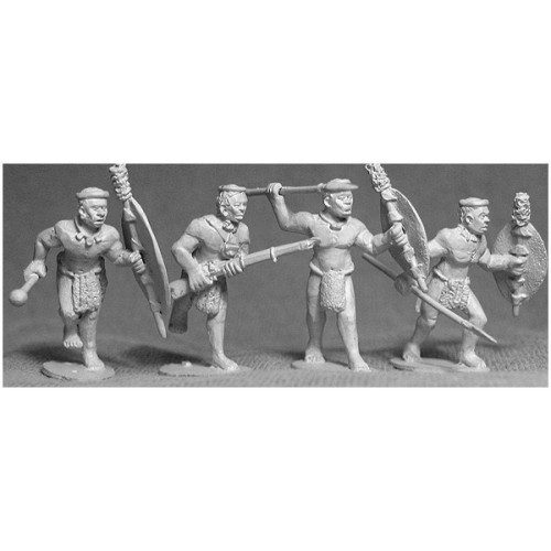 4 Married Zulu warriors with an assortment of weapons and shields.