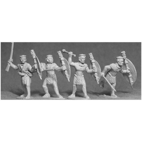 4 Married Zulu warriors with an assortment of weapons and shields.