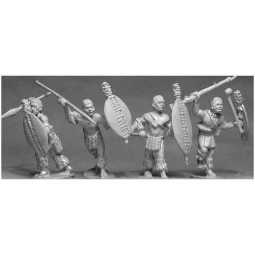 4 Unmarried Zulu warriors with an assortment of weapons and shields.Cowtail Adornments.