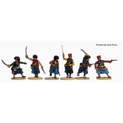 Janissaries in campaign dress attacking with swords and pistols (various headgear)