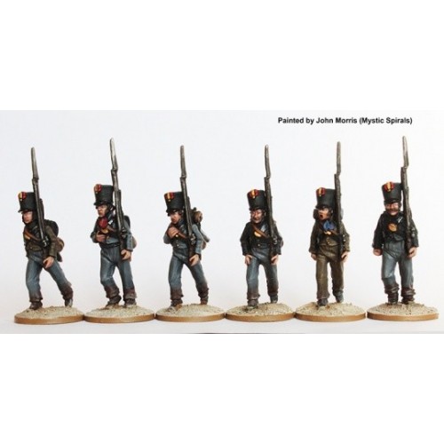 Fusiliers marching in plain belltop shakos and tailless jackets 1810-13